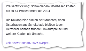 Preisentwicklung: Schokoladen-Osterhasen kosten bis zu 44 Prozent mehr als 2024

Die Kakaopreise sinken seit Monaten, doch Osterhasen aus Schokolade bleiben teuer. Hersteller nennen frühere Einkaufspreise und weitere Kosten als Ursache.