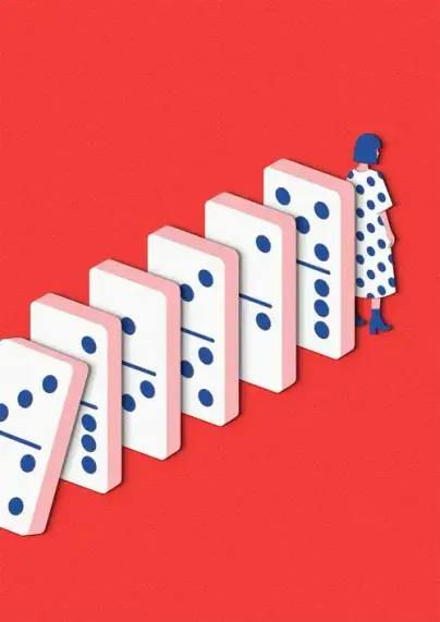 A minimalist paper cutout style illustration showing five giant dominoes on a vibrant textured red background. The dominoes form a diagonal, leaning line, actively falling in a domino effect chain reaction from bottom-left to top-right. The domino faces are white with blue dots. At the far end of the line, behind the last standing domino, is a small cutout figure of a woman with short blue bobbed hair, wearing a white polka-dot dress and blue boots. She stands facing away from the tumbling domi…