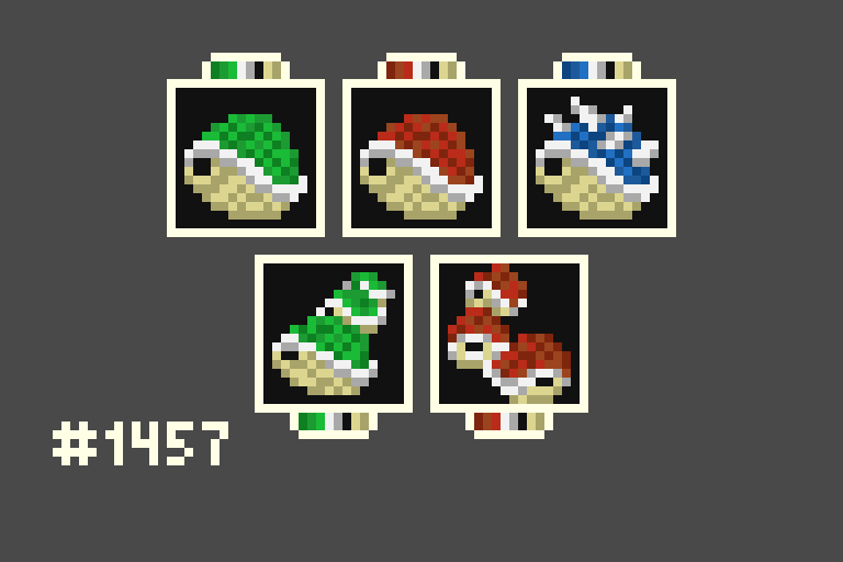 Pixel art of small Mario Kart shell items, with a single green, single red, single blue, triple green, and triple red represented.