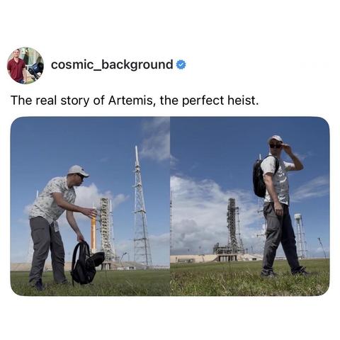 Post by the user "cosmic_background" with the text "The real story of Artemis, the perfect heist," featuring two side-by-side photos of a man near a rocket launchpad: in the first photo, he bends down holding a backpack as if about to stuff the rocket into it, and in the second photo, the rocket is no longer on the launchpad, he is walking away wearing the backpack and peering out from behind his sunglasses warily.