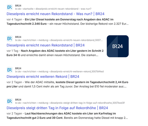 Dieselpreis erreicht neuen Rekordstand - Was nun? | BR24 vor 4 Tagen - Ein Liter Diesel kostete am Donnerstag nach Angaben des ADAC im Tagesdurchschnitt 2.346 Euro – ein neuer Höchststand. Der bisherige Rekord von 2.327 Euro am Mittwoch wurde damit schnell übertrumpft. 🌐 BR24 br.de › nachrichten › meldung › dieselpreis-erreicht-neuen-rekordstand,3007be970 Dieselpreis erreicht neuen Rekordstand | BR24 vor 1 Tag - Nach Angaben des ADAC kostete ein Liter gestern im Schnitt 2 Euro 34-6 un…