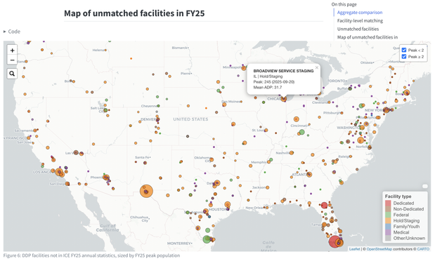 Map of unmatched facilities in FY25

A map of the United States and surrounding territories show several hundred color-coded circles denoting locations. 