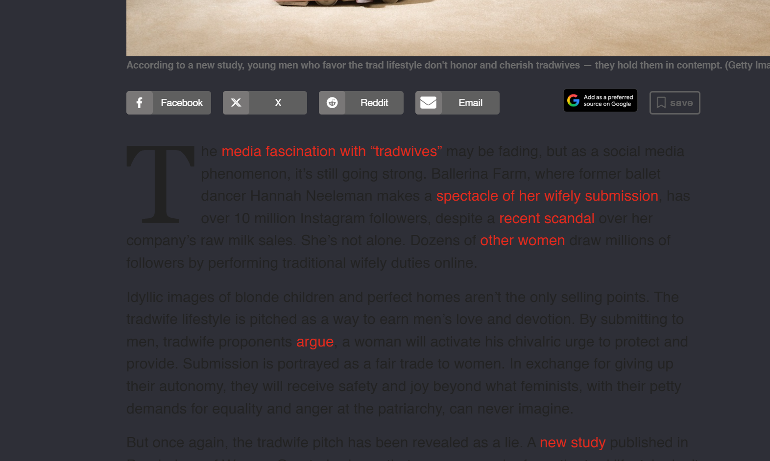 A screenshot of the Salon.com article displayed in dark mode. The contrast of the text is so bad that users without visual impairments get tempted into buying a screenreader.