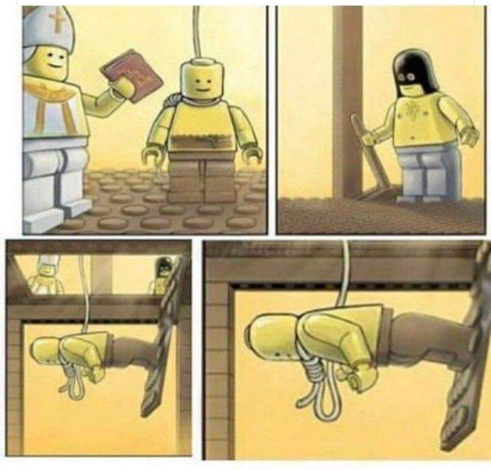 A four-panel comic strip, rendered in the style of Lego minifigures, depicts a simplified and cartoonish execution scene. The top-left panel shows a clergyman figure, wearing a white miter and robes, holding a closed book next to another figure in brown robes. In the top-right panel, an executioner figure in a black hood pulls a large wooden lever. The bottom-left panel is an overhead perspective, showing the clergyman and executioner looking down from above, while another figure hangs from a r…