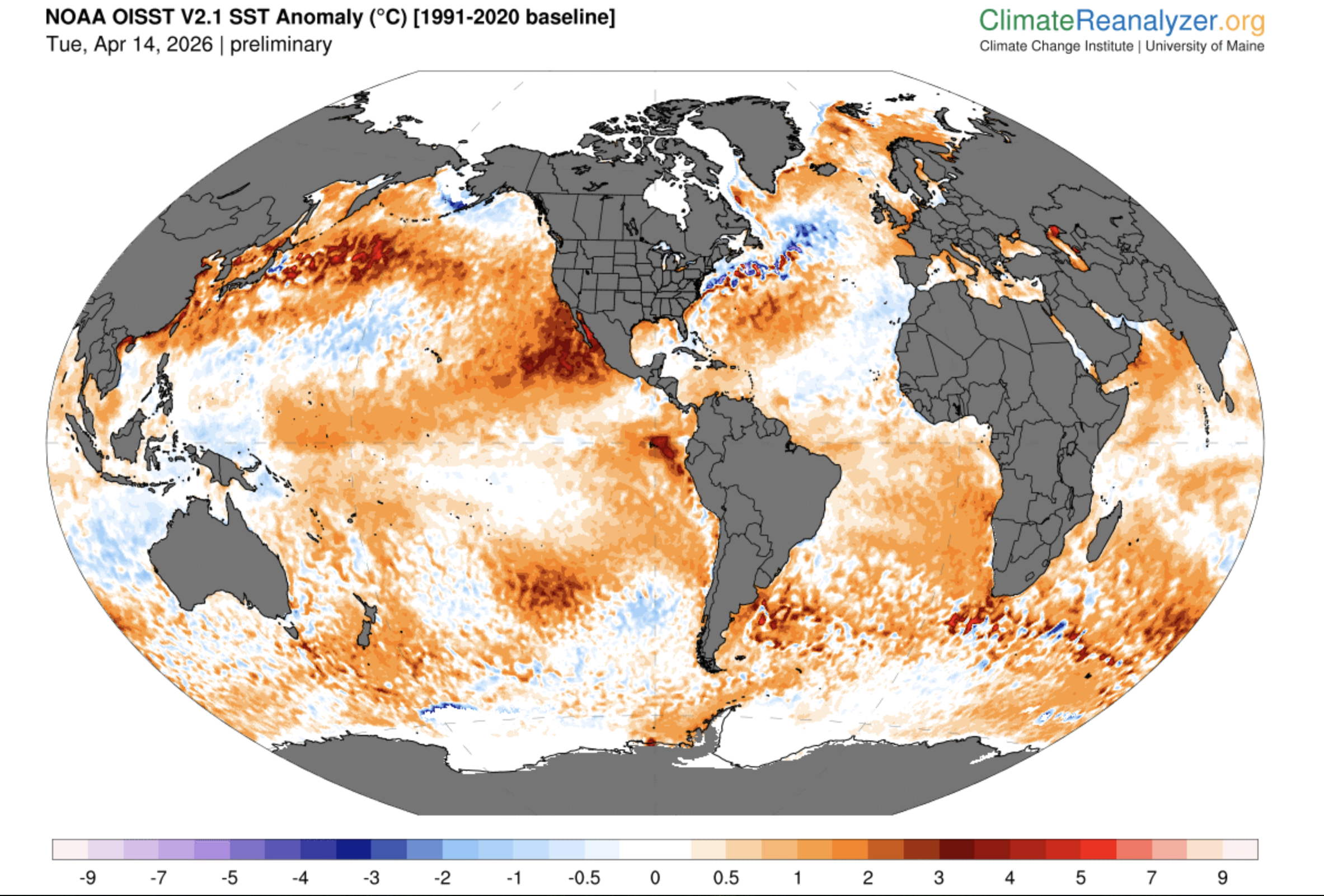 world map of sea surface temperature anomalies shows temperatures are anomalously warm almost everywhere, in the equatorial pacific too