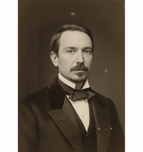 A black and white vintage photograph of a man with a mustache. The man is wearing a dark suit with a light collared shirt and a dark tie.