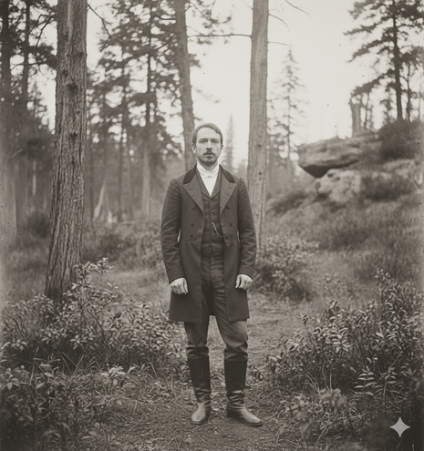 A vintage sepia-toned photograph from the late 19th century features a man standing outdoors on a natural trail. He is centered in the frame, wearing a knee-length dark overcoat over a dark waistcoat, a high collar with a white cravat, lighter-colored trousers, and tall, dark riding boots that reach his knees. He stands with hands at his sides, facing the viewer with a serious, direct expression and has a styled beard and mustache. The background is a dense forest of coniferous trees, possibly …