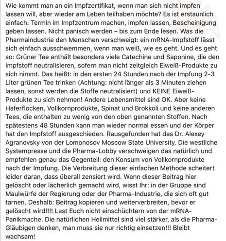 Wie kommt man an ein Impfzertifikat, wenn man sich nicht impfen lassen will, aber wieder am Leben teilhaben möchte? Es ist erstaunlich einfach: Termin im Impfzentrum machen, impfen lassen, Bescheinigung geben lassen. Nicht panisch werden – bis zum Ende lesen. Was die Pharmaindustrie den Menschen verschweigt: ein mRNA-Impfstoff lässt sich einfach ausschwemmen, wenn man weiß, wie es geht. Und es geht so: Grüner Tee enthält besonders viele Catechine und Saponine, die den Impfstoff neutralisieren, …