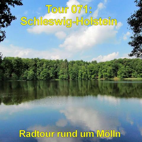 Ruhiger See mit glatter Wasseroberfläche, in der sich weiße Wolken und der blaue Himmel spiegeln. Am gegenüberliegenden Ufer erstreckt sich ein dichter, grüner Mischwald, dessen Bäume bis dicht ans Wasser reichen. Die Baumreihe bildet eine geschlossene, natürliche Kulisse. Einzelne kleine Wellen kräuseln leicht die Oberfläche. Am linken Rand ragen dunkle Äste ins Bild und rahmen die Szene ein. Die Landschaft wirkt still und weitläufig, ohne sichtbare Bebauung.