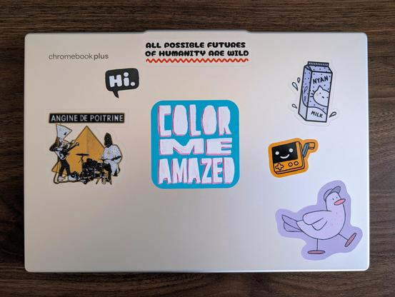 An overhead, flat-lay photograph of a closed, silver Google Chromebook Plus laptop on a dark wood-grain table surface. The laptop is covered in a variety of stickers. From left to right: a black sticker with "Hi." text, an art sticker depicting a pyramid and two figures (one with a drum set), a center text-based sticker reading "COLOR ME AMAZED" in three stacked rows of distressed white, red-and-white, and white text, with "COLOR ME" outlined in pink/teal, a milk carton character sticker, a sma…