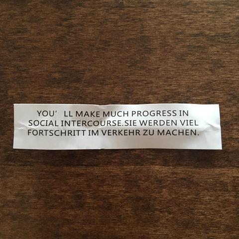Ein schmales, weißes Papier aus einem Glückskeks liegt auf einer dunklen Holzoberfläche. Auf dem Zettel steht ein zweisprachiger Text in schwarzen Großbuchstaben. Der englische Satz lautet: „YOU’LL MAKE MUCH PROGRESS IN SOCIAL INTERCOURSE.“ Direkt darunter folgt die etwas holprige deutsche Übersetzung: „SIE WERDEN VIEL FORTSCHRITT IM VERKEHR ZU MACHEN.“ Der Zettel weist eine leichte Knickfalte in der Mitte auf.