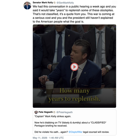 Screenshot of a post by 
Senator Mark Kelly 
@SenMarkKelly 

We had this conversation in a public hearing a week ago and you said it would take “years” to replenish some of these stockpiles. That’s not classified, it’s a quote from you. This war is coming at a serious cost and you and the president still haven’t explained to the American people what the goal is. 

[video of hegseth saying it will take years to replenish]

[quote of a post by 
Pete Hegseth 
@PeteHegseth] 

“Captain” Mark Kelly s…