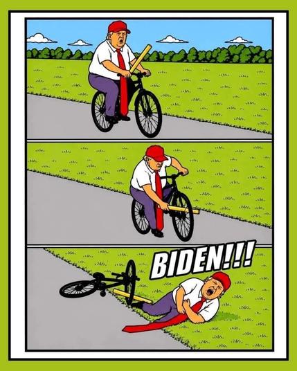 A three-panel comic showing a man in a red cap and tie riding a bicycle, sticking a stick into the spokes, and falling off with the text "BIDEN!!!" in the final panel.