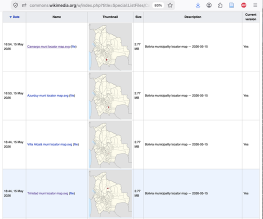 My user contribution page on Commons.wikimedia.org dispalying five locator maps for Bolivian municipalities.