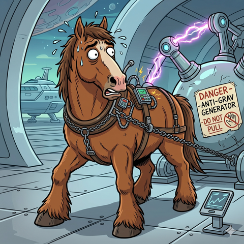 A cartoon-style illustration of an anxious, sweating brown horse standing inside a futuristic, sci-fi spaceship hangar or laboratory.

The horse has an anthropomorphic, worried facial expression with wide eyes and sweat drops flying from its head, highly reminiscent of the art style from *Bojack Horseman*. It is wearing a leather harness connected to metal chains and electronic devices strapped to its back. A bright purple electric arc shoots from a large machine in the background, striking o…