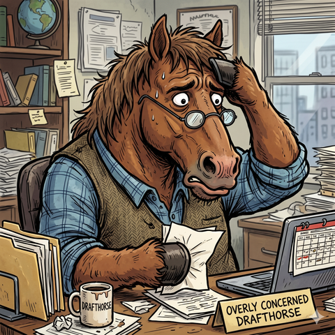 A cartoon-style illustration of an anthropomorphic brown draft horse looking highly stressed and overwhelmed at an office desk, drawn in a style reminiscent of *Bojack Horseman*.

The horse wears wire-rimmed glasses, a blue plaid button-down shirt, and a brown herringbone vest. It has wide, anxious eyes and visible sweat drops on its forehead, holding one hoof to its brow in a gesture of panic while clutching crumpled papers in its other hoof.

The cluttered wooden desk is filled with stack…