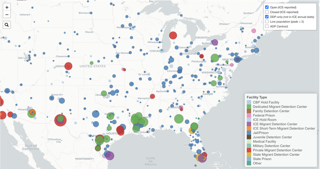 A map depicted the continental United States with scores of circles representing 15 types of detention facilities and circles sized based on peak population.