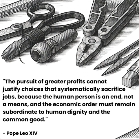 A black-and-white illustration of various hand tools (pliers, scissors, wrench) with the quote: "The pursuit of greater profits cannot justify choices that systematically sacrifice jobs, because the human person is an end, not a means, and the economic order must remain subordinate to human dignity and the common good." — Pope Leo XIV
