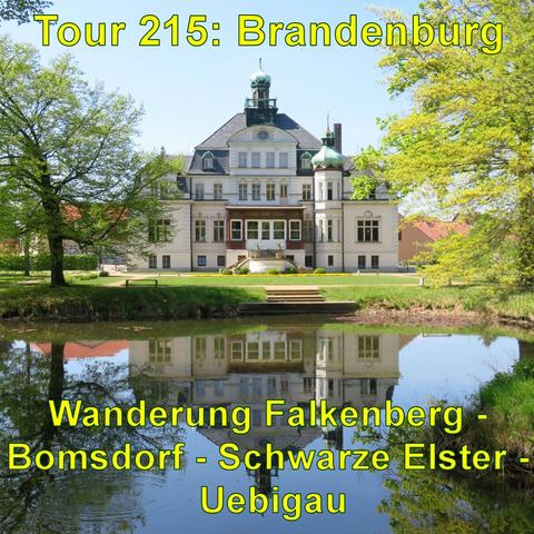 Schloß Uebigau mit mehreren Etagen und einem Turm, umgeben von einem gepflegten Garten. Es spiegelt sich in einem Teich vor dem Gebäude. Bäume und ein klarer blauer Himmel runden das Bild ab.