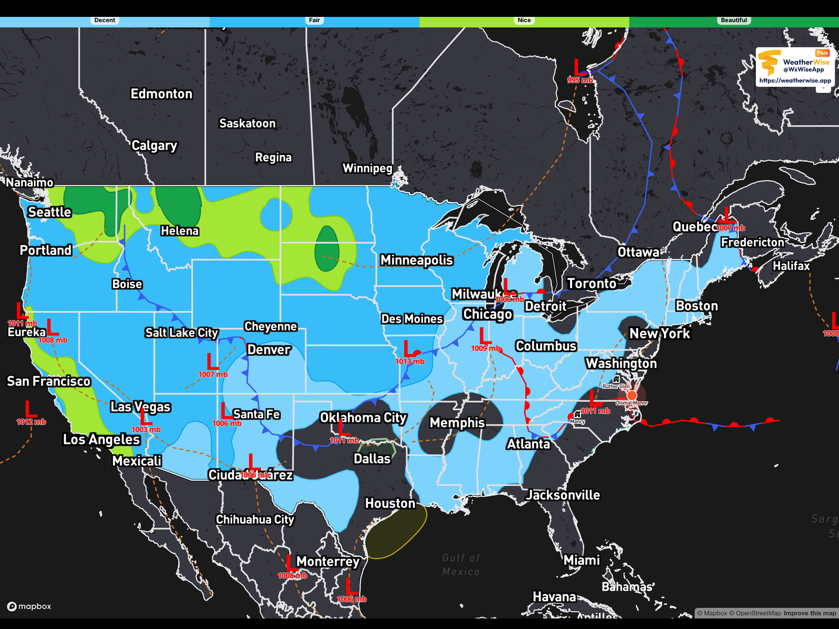 Notice how the Dismal Dominion is not colored. No nice weather for us this Sunday.