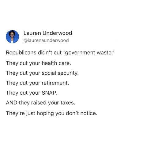 screenshot of a post by Lauren Underwood
@laurenaunderwood:
Republicans didn't cut "government waste."
They cut your health care.
They cut your social security.
They cut your retirement.
They cut your SNAP.
AND they raised your taxes.
They're just hoping you don't notice.