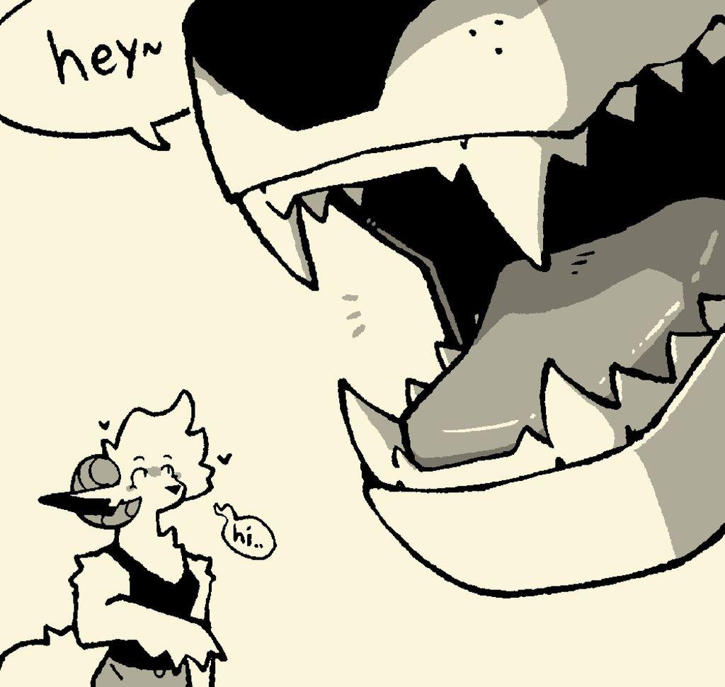 anthro ram-sona nervously saying "hi..." in a tiny nervous speech bubble with hearts fluttering around; looking flustered and blushy staring at a large anthro wolf maw in front of her and the wolf very casually saying "hey~"