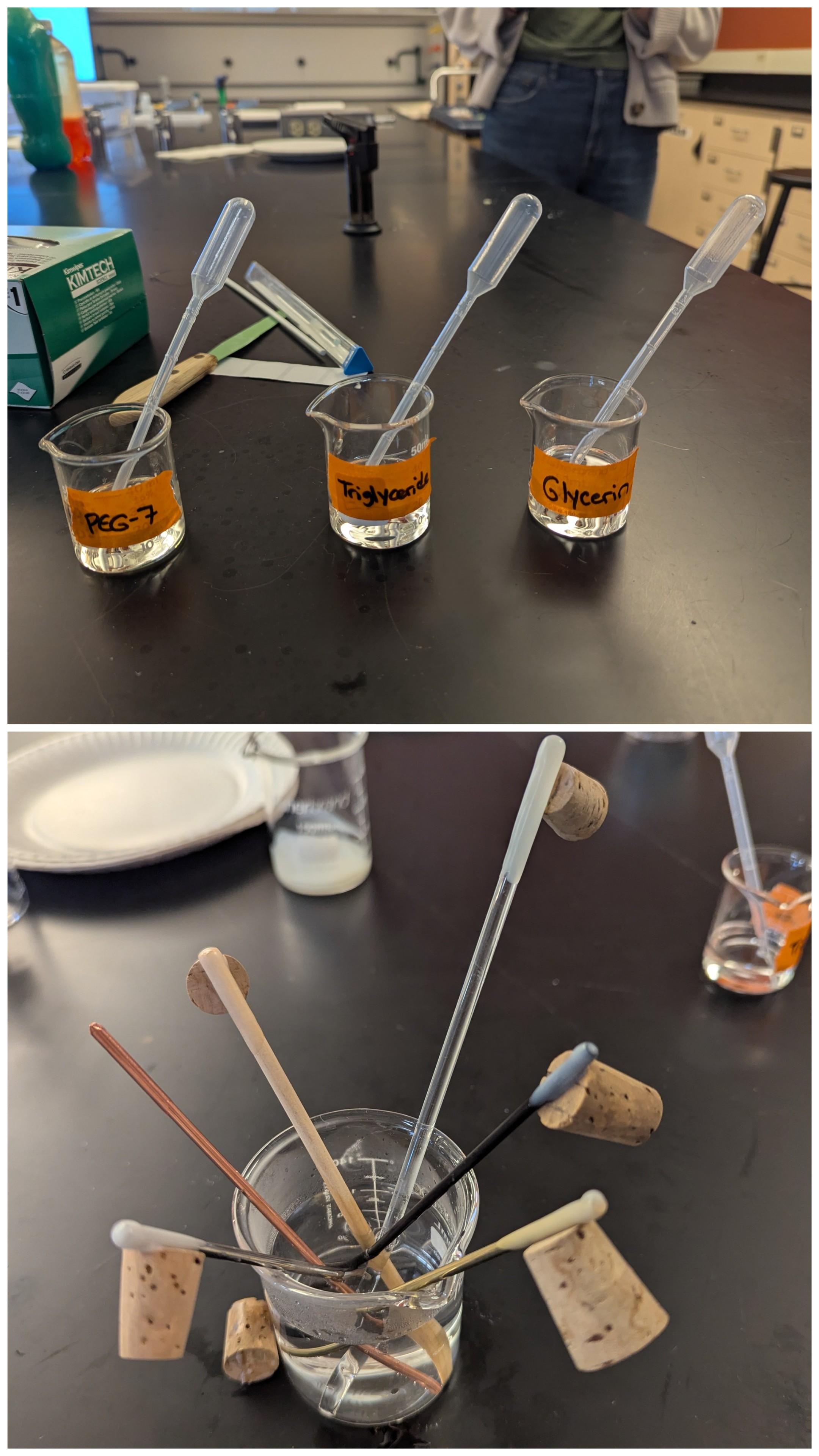 Two pics - one with 3 beakers with plastic transfer pipettes (droppers) in them
And a beaker with multiple thin rods of different materials (metals, glass, wood) with a small cork stuck with wax at the top end. There is hot water in the beaker - which caused the cork stuck on to the copper rod to fall off onto the black countertop