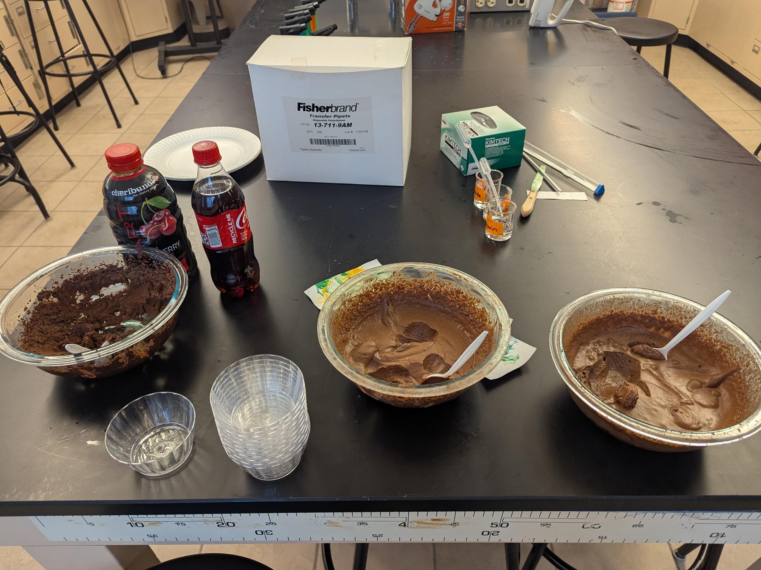 3 glass  bowls with different flavored chocolate mousse (cherry, pumpkin spice, and smoked paprika & cayenne)