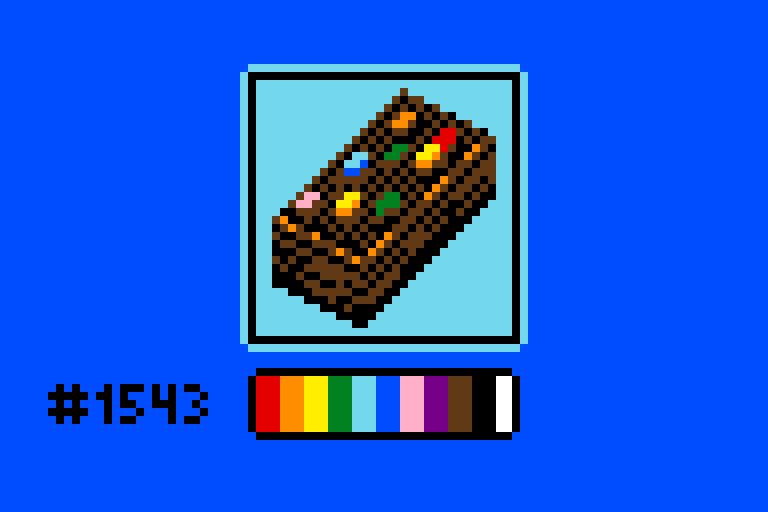 Pixel art of a Cosmic Brownie, a manufactured chocolate brownie snack with rainbow candies studding the surface.