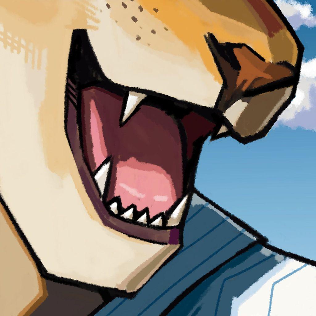 close up of an anthro lion character wearing a white dress shirt with thin blue stripes visible slightly. His mouth opened with sharp teeth visible, giving a happy expression against a bright blue sky.
