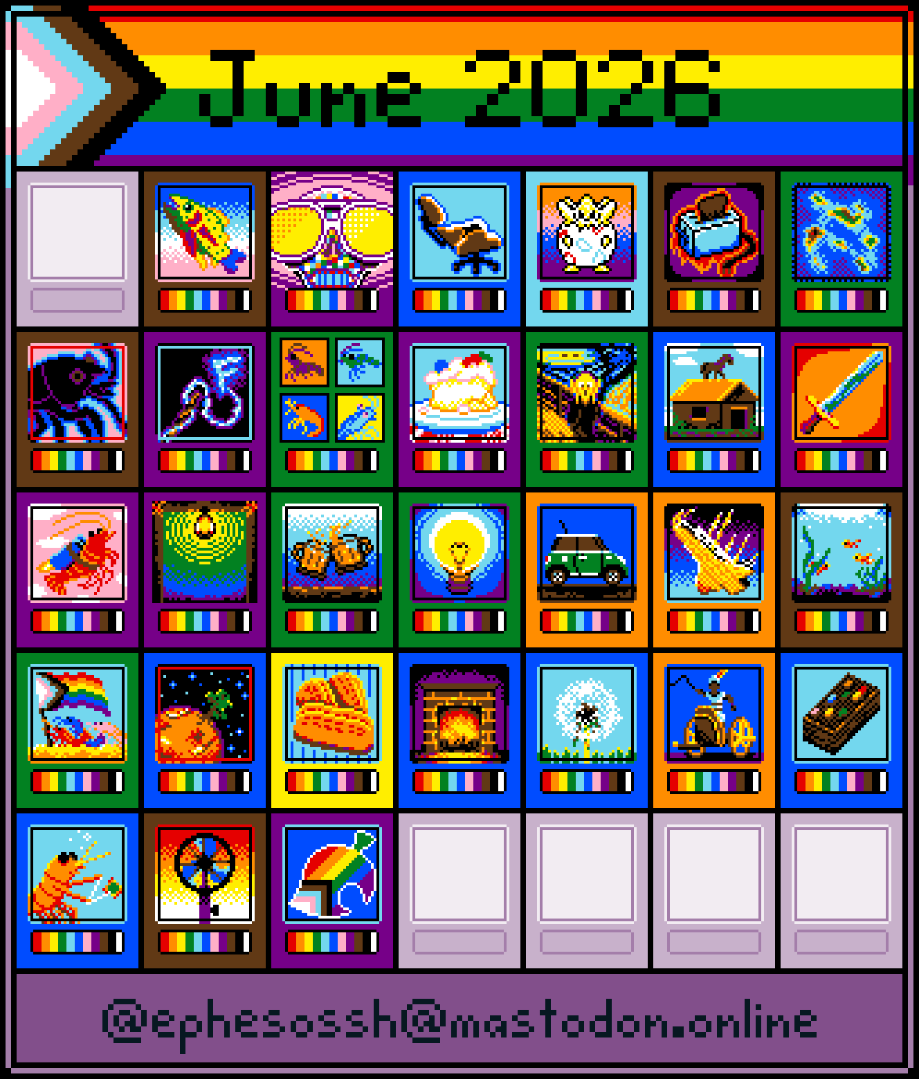 Calendar view of my Pixel Dailies pieces for June 2026, namely: prey, indie fanart, designer furniture, baby, ghostly, archipelago, job, spelling game, set of poses (18x18 max), fruit dessert, screen, mount, weapon, artificial, tunnel system, meetup, bulb, car, ceramics, tank, festival, megastructure, circus, fireplace, wish, chariot, mooncakes, crossroads, heatwave, and crossing.