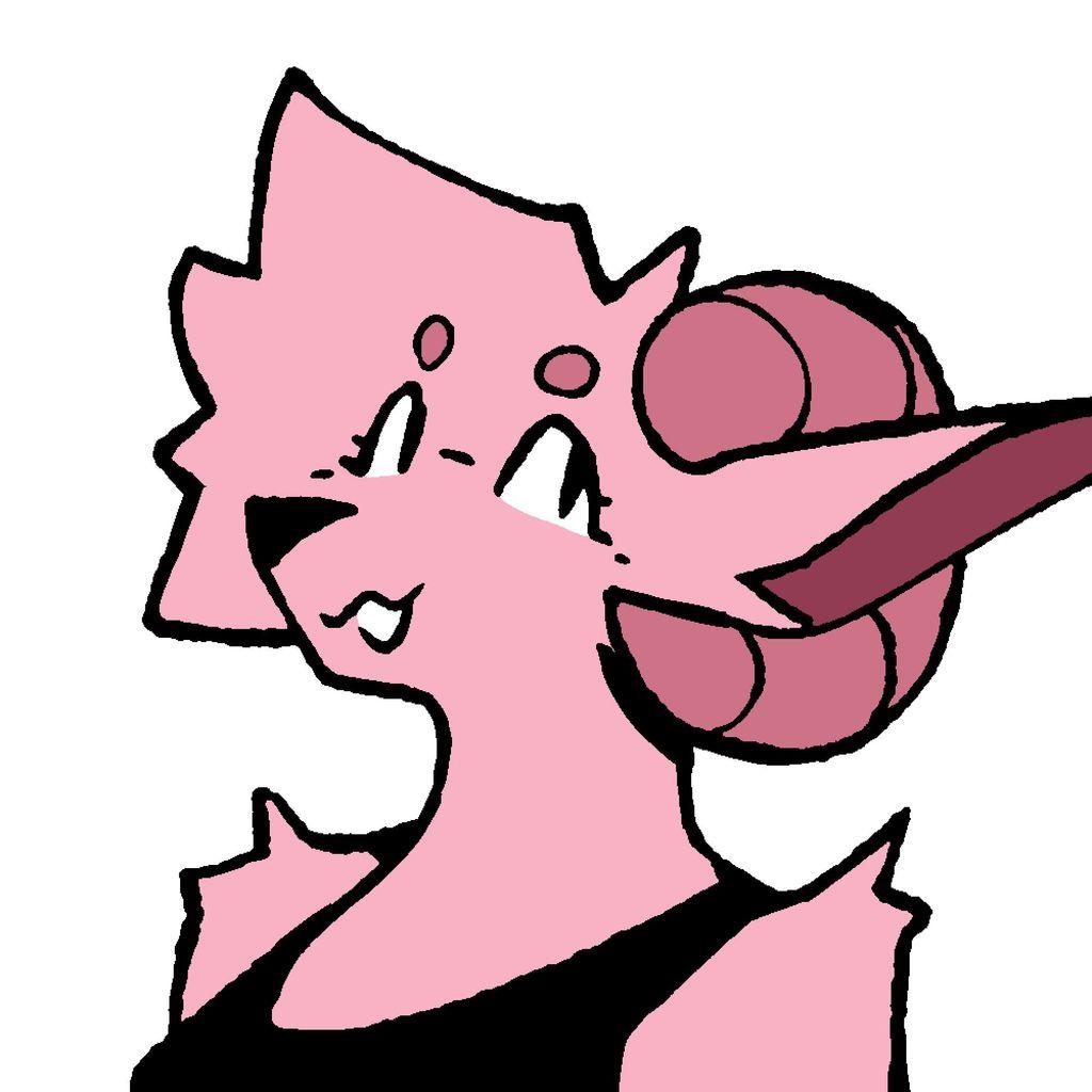 bust framing of my pink anthro ram-like sona standing and wearing a black tank top, looking towards the camera with a happy expression