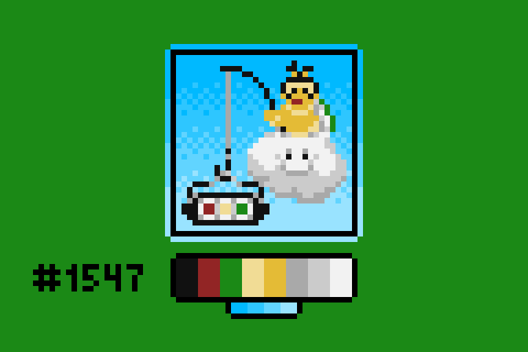 Pixel art of Lakitu, the little Koopa guy from the Mario games who sits in a cloud and either throws spiky guys at you or does the countdown for Mario Kart. He's holding his usual starting light on a fishing rod.