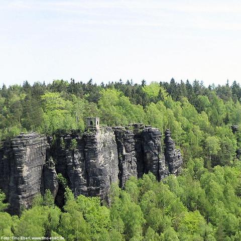 Eine markante Felsformation aus dunklem Gestein ragt steil aus einem dichten, hellgrünen Mischwald empor. Auf dem höchsten Punkt der Felsen steht ein kleiner, turmartiger Aussichtsbau mit offenen Fenstern. Die senkrechten Felswände sind von tiefen Rissen durchzogen und teilweise mit Moos und kleinen Pflanzen bewachsen. Im Hintergrund erstreckt sich ein dichter Wald mit Nadel- und Laubbäumen unter einem leicht bewölkten Himmel.
