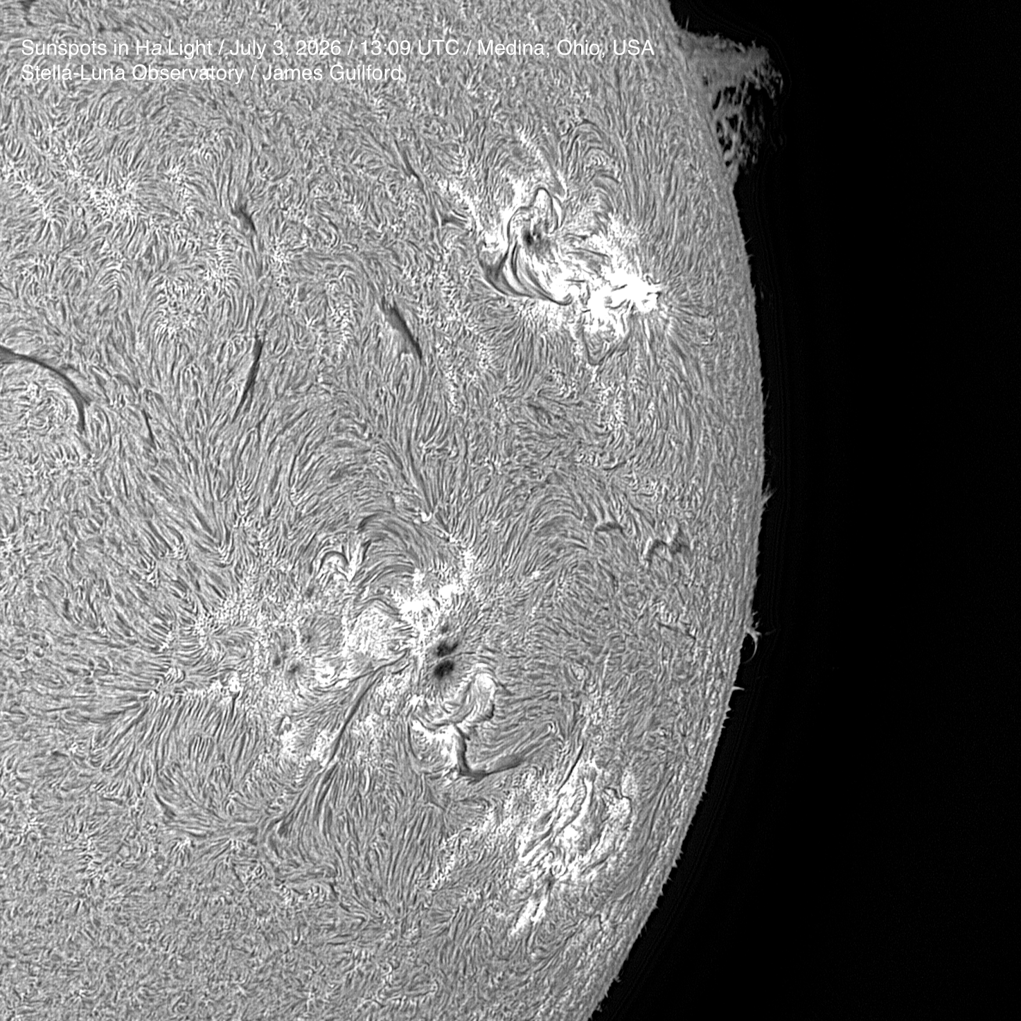 This is a hydrogen-alpha light image made using a Sky-Watcher Heliostar 76Ha telescope for safe viewing of the chromosphere. This image is cropped from the full-disk image also appearing in today's post. The three active regions bearing sunspots are shown here, top to bottom: AR 4479, 4478, and 4480 with their strong magnetic field lines traced in solar plasma, also producing large white patches. The split umbra of AR4478 is visible here, where sunspots are often not seen. The chromosphere layer is a shell located above the photosphere. July 3, 2026.