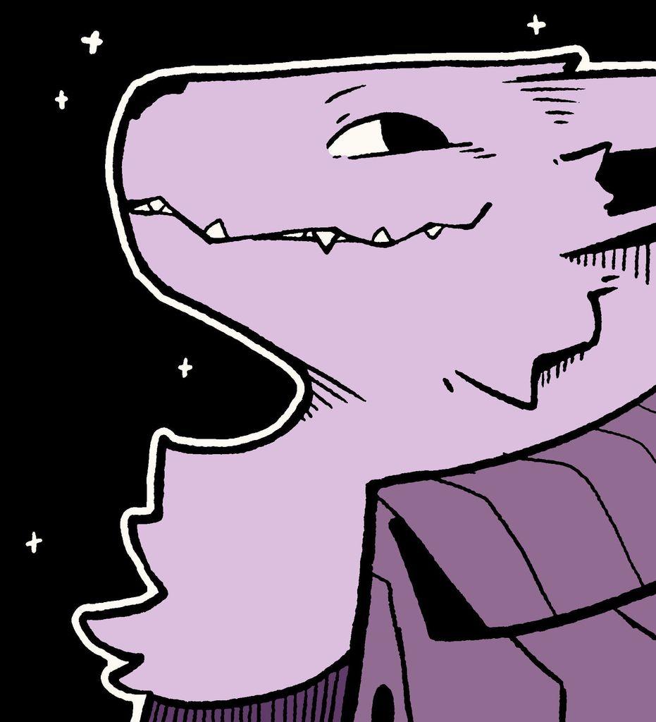 an anthro wolf-like creature in profile, smiling with sharp teeth slightly poking out of his mouth; looking off to the side with a very happy demeanor. He is wearing a collared shirt against a dark background with stars visible.