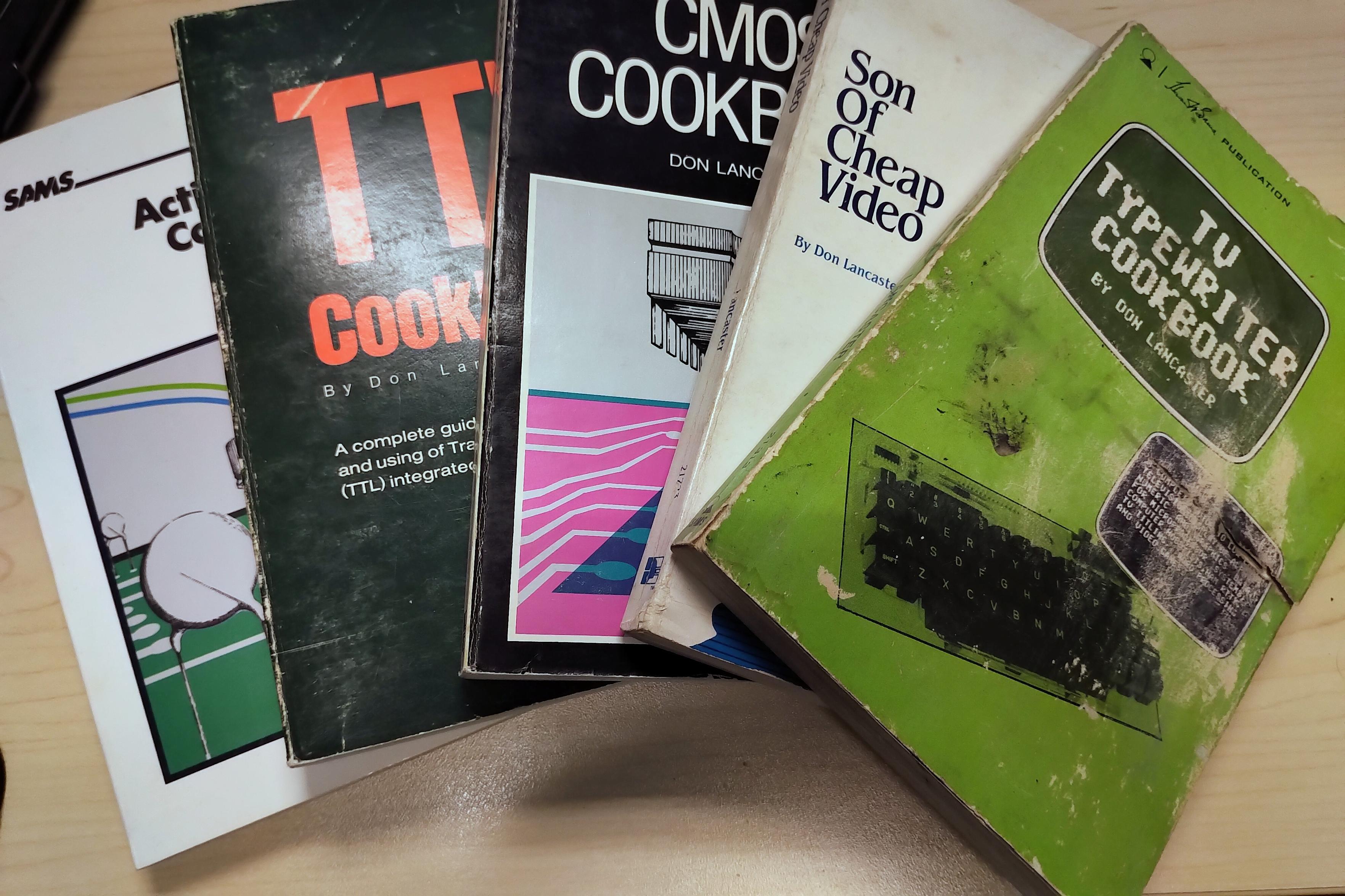 active filter, TTL, CMOS cookbooks, son of cheap video and tv typewriter cookbook. I also have cheap video cookbook somewhere, not shown in picture. All books by Don Lancaster