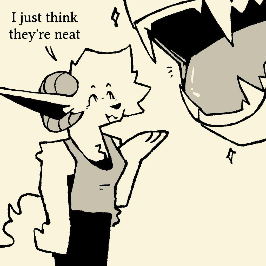 my anthro wolfram-hybrid sona standing next to a dragon maw with large sharp fangs with sparkles around it, with my sona gesturing towards the maw saying "I just think they're neat"