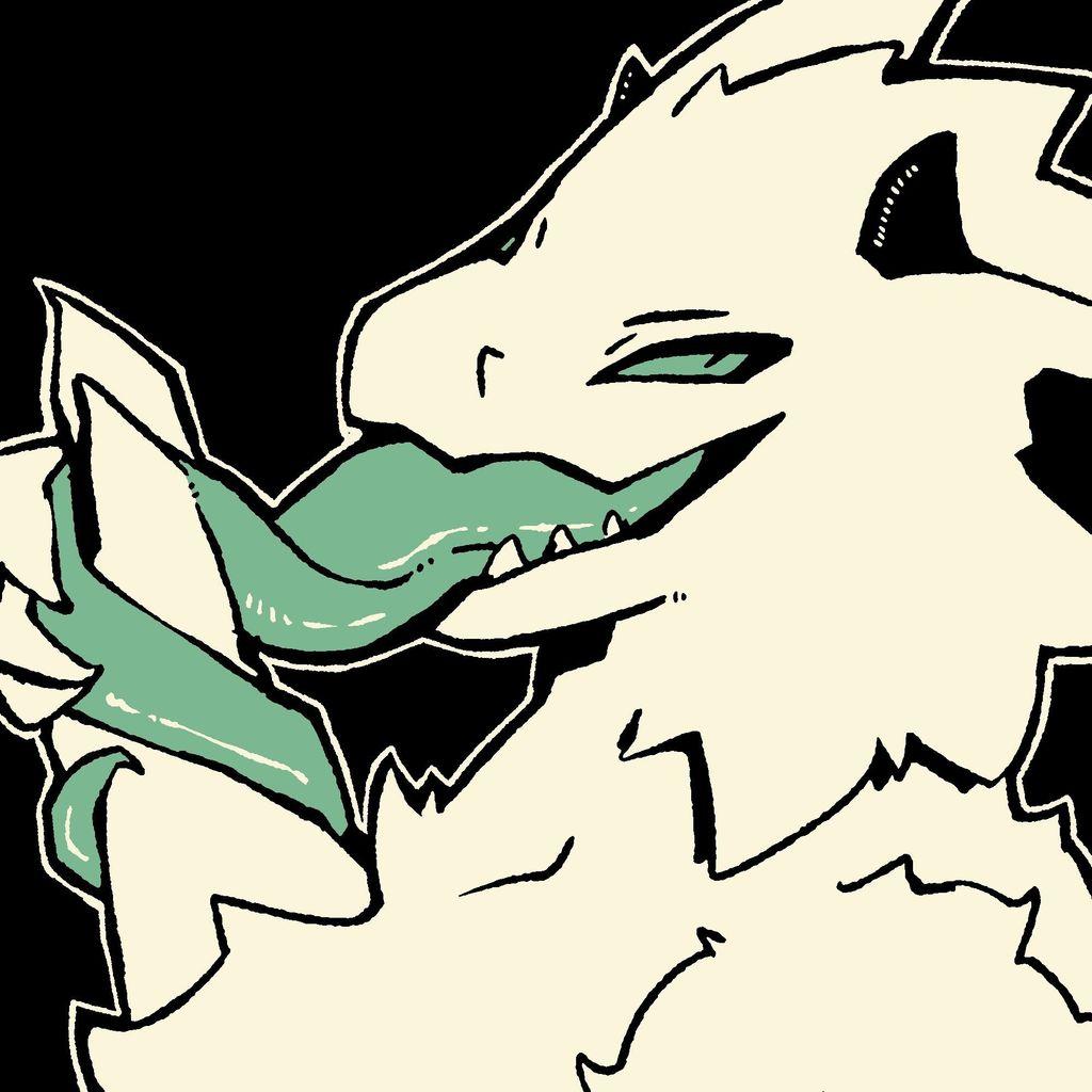 a spikey furry demon character with a long green tongue wrapping around their hand, leading down their arm; they're looking towards the camera with a flirty and mischievous vibe