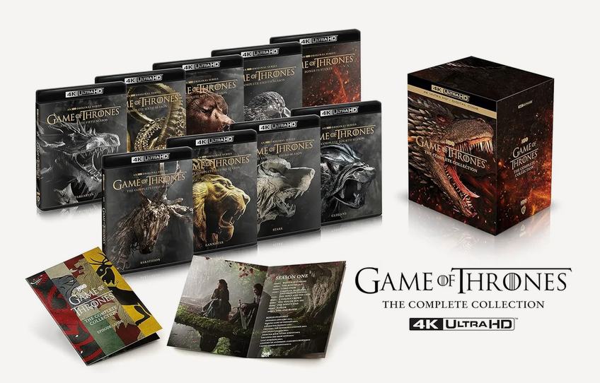 An image showing the complete Bluray boxset of Game of Thrones in 4K UltraHD. The image shows all the cases for the 8 season plus specials, and a couple of booklets.