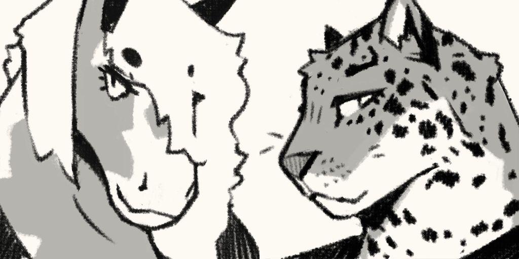 two headshots of an anthro characters, a horse with his head tilted somewhat downward, a calm smile looking up towards the camera; and an anthro jaguar in profile facing left, looking confident and in a relaxed posture, also looking towards the camera