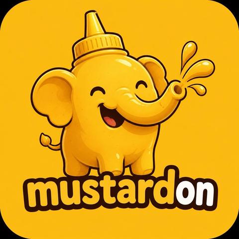 A cartoon illustration of a yellow elephant centered on a solid yellow background. The top of the elephant's head is formed by the nozzle and ridged cap of a squeeze bottle. Yellow liquid splashes out from the end of the elephant's trunk in several droplets. The elephant features large ears, ears, a small tail, and an open-mouthed smile. Below the figure, the text "mustardon" appears in white lowercase letters with a dark brown outline.