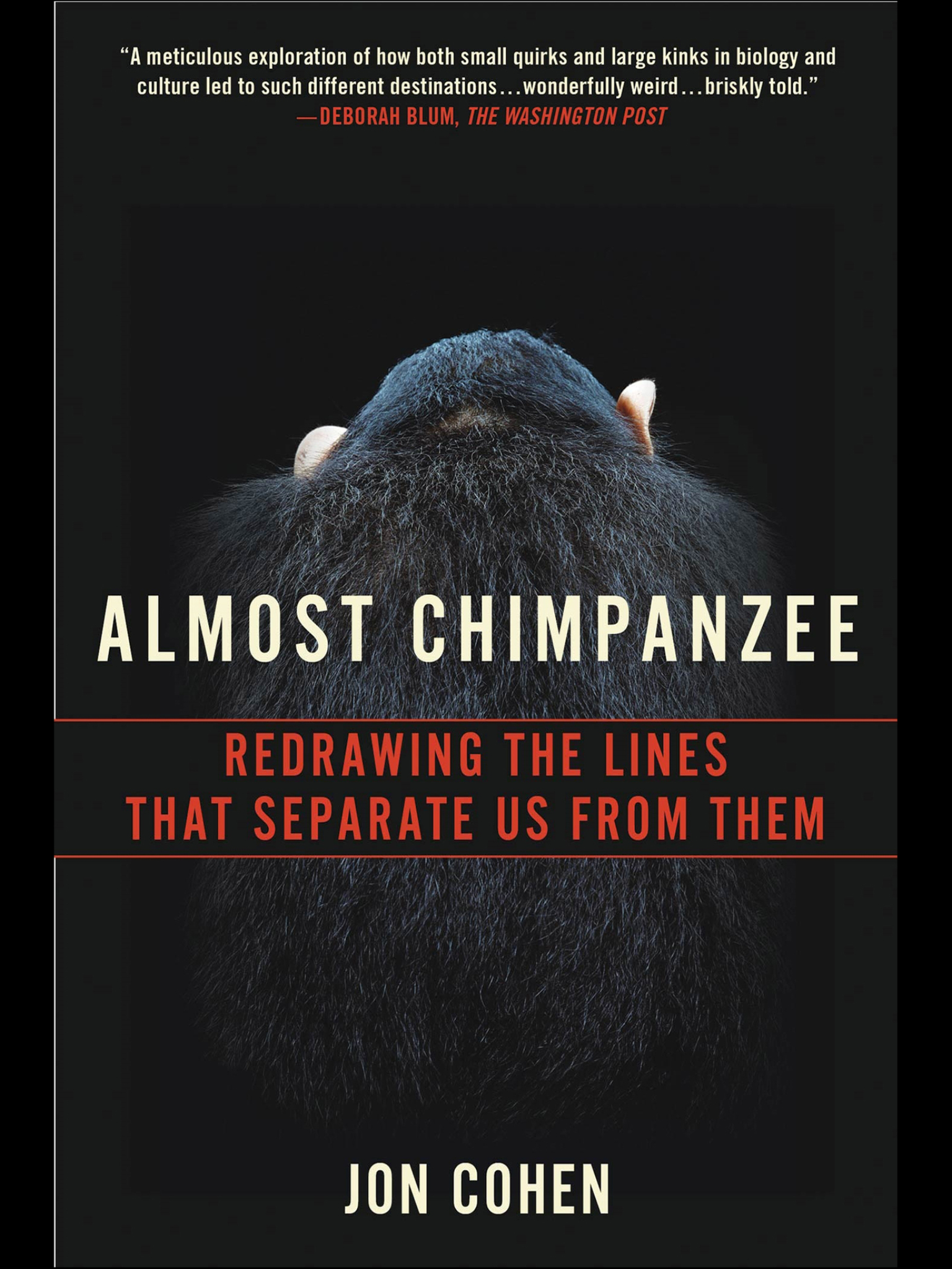 The cover of Jon Cohen's 'Almost Chimpanzee' subtitled 'Redrawing the Lines that Separate Us from Them'.

The title and subtitle are cream and red respectively, displayed over the image of a chimp seen from behind, his dark fur shimmering in silhouette against a black background, the formidable compact musculature of his neck and shoulders as striking as the pale tips of his ears.