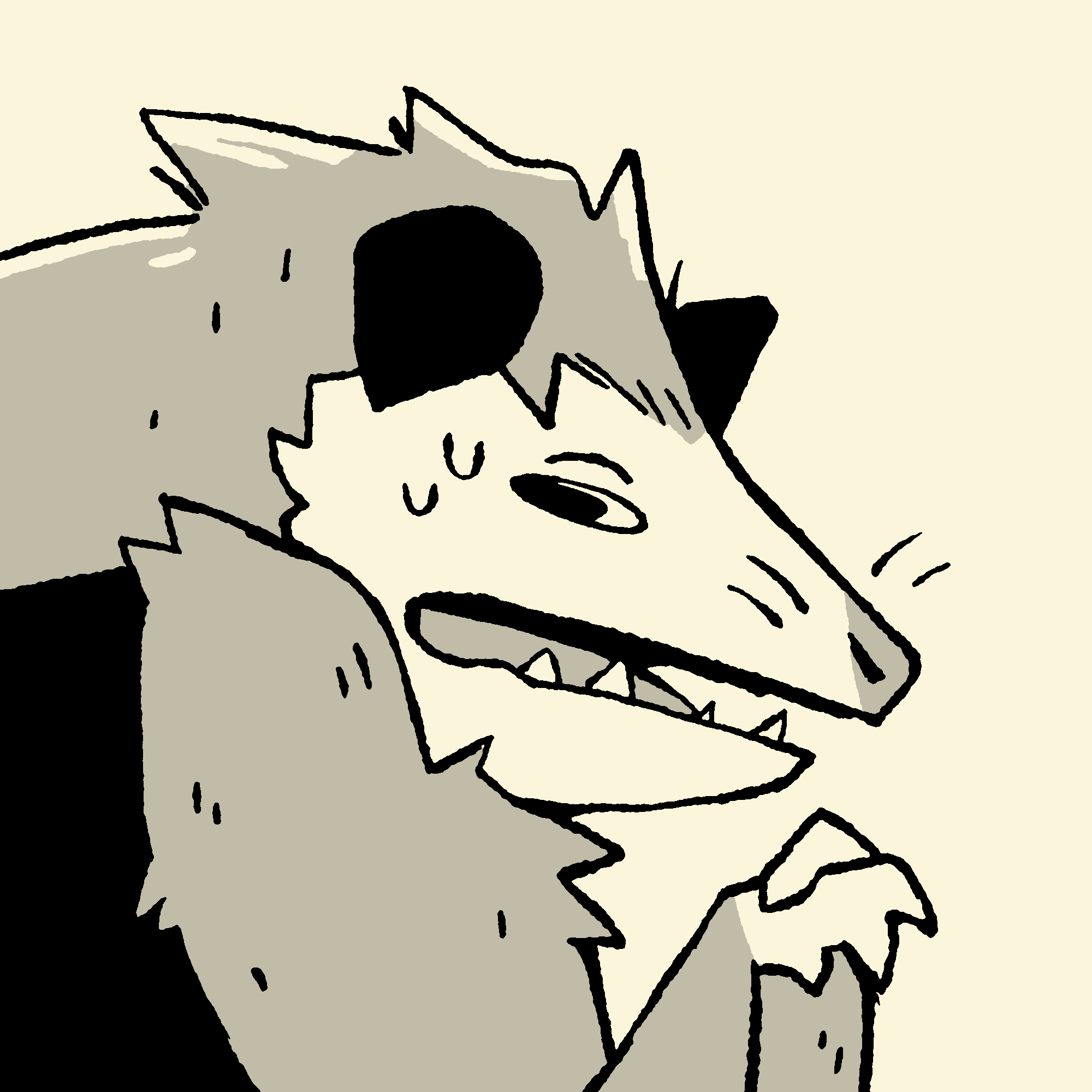 an anthro opossum character wearing a black sleeveless shirt, standing with a very nervous expression with their mouth opened, and looking off to the side with their hands held together in front of them