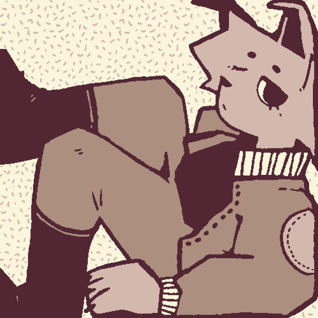 an anthro cat character wearing boots, jacket and pants, sitting casually, pressed against the frame of the image
