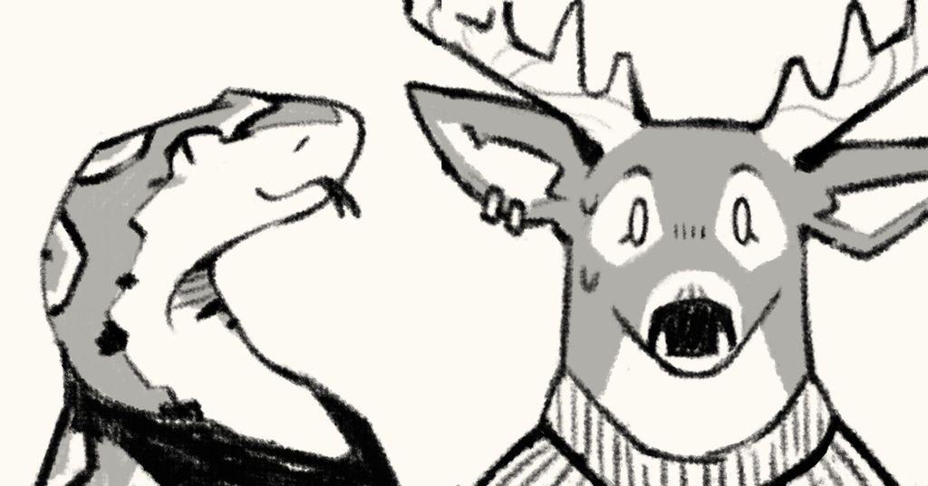 two headshots of an anthro corn snake, and an anthro whitetailed deer. The snake looking relaxed and cheerful wearing a tank top, whilst the deer looks straight forwards with a stunned look, wearing a sweater.