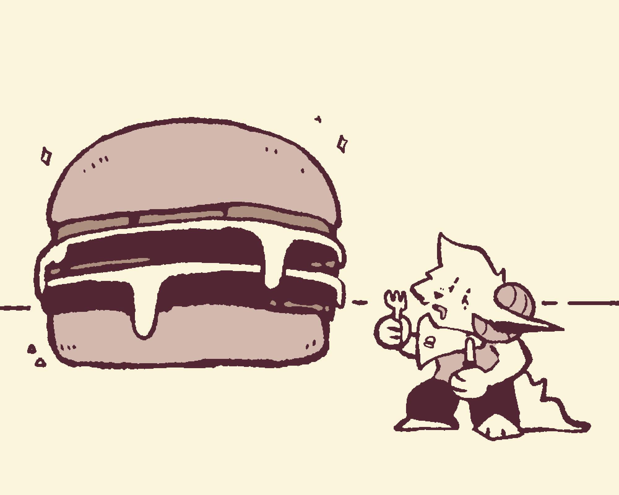 my ram sona looking upwards towards a very large double cheeseburger with an excited drooling expression, holding a knife and fork wearing a napkin around her neck with a small cheeseburger on it;