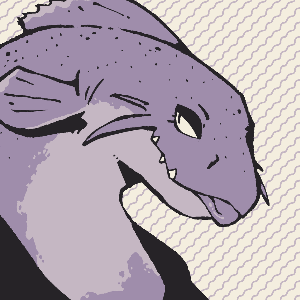 an anthro red tailed catfish looking to the side with their tongue sticking out, looking mischievous and playful