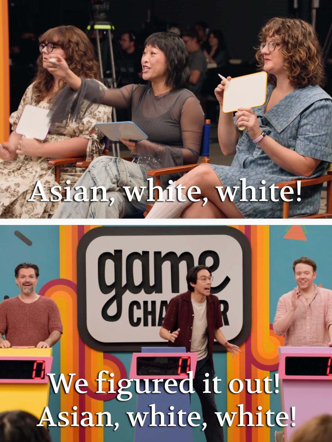 Lily Du acknowledges the show line up has created two teams of white people and one team of asian people. Zac Oyama claims to have figured out the game, it's "Asian, white, white!".