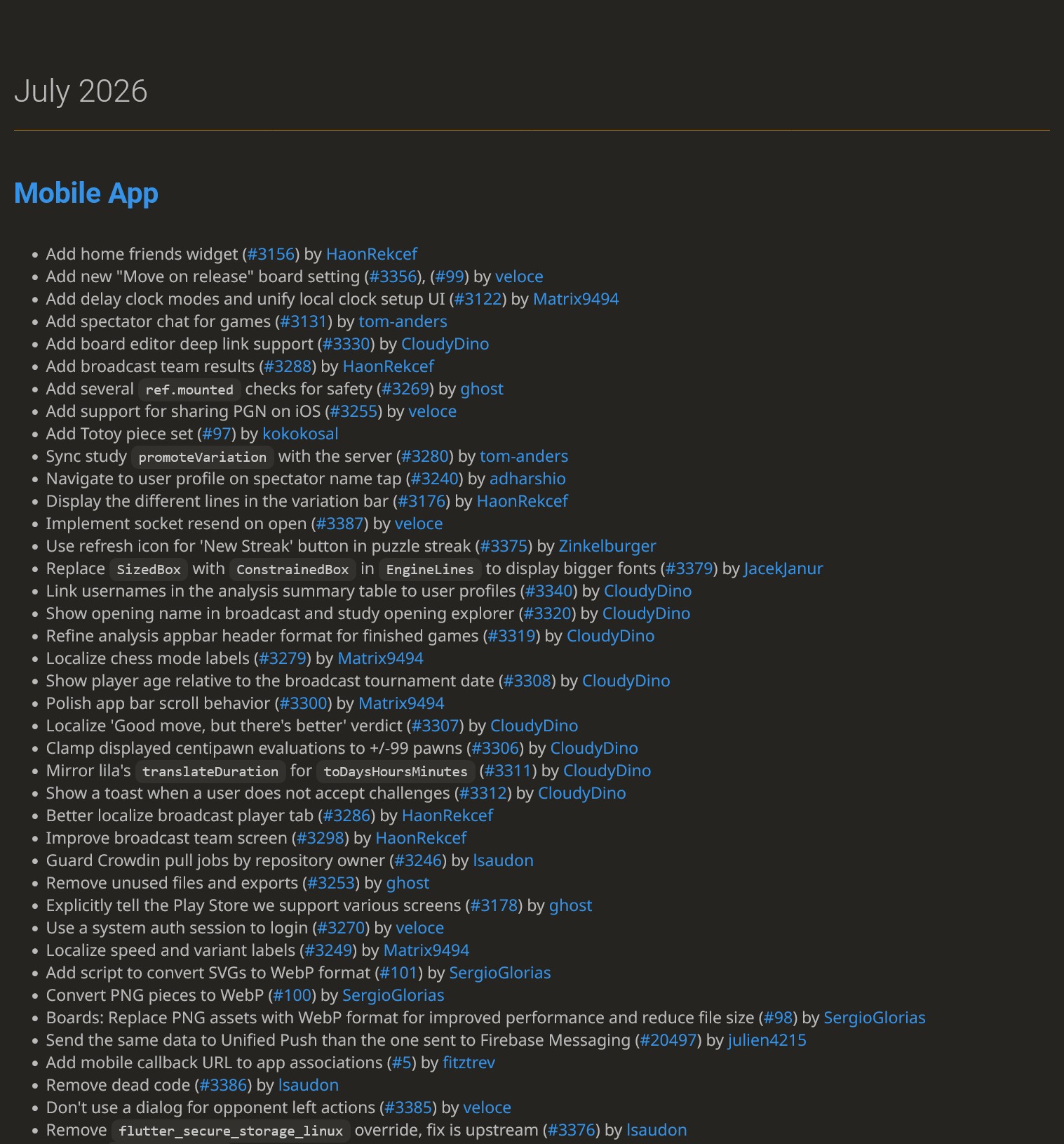 Screenshot of Lichess Changelog July 2026. Part 1. Full changelog at: https://lichess.org/changelog#july-2026
